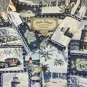 Palm Angels Navy and White Scenic Print Button-Down Shirt